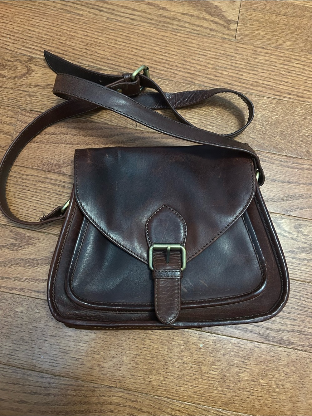 Joyn Dark Brown Leather Crossbody Bag with Buckle Front
